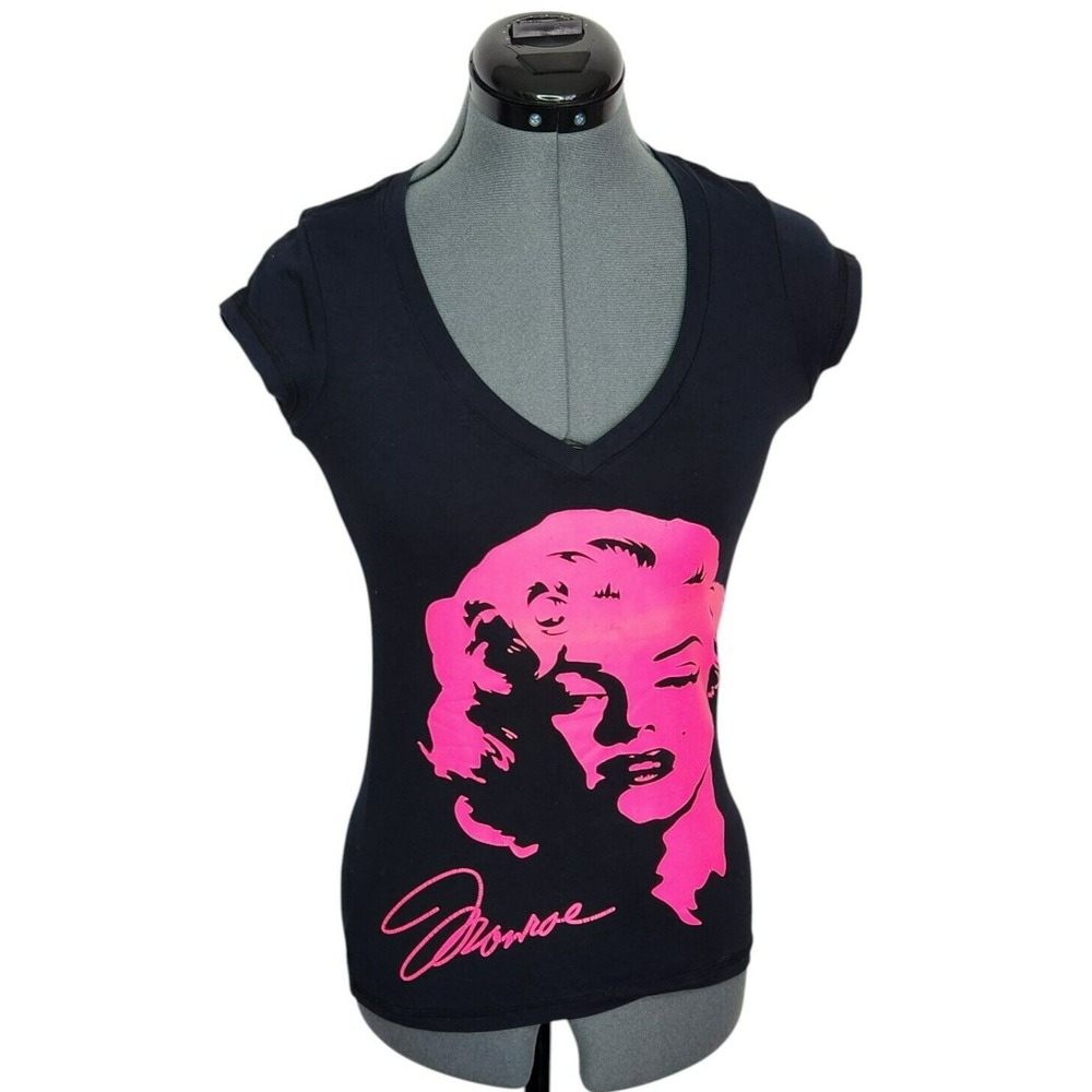 Miami Style Marilyn Monroe Graphic Tee Black Pink Neon V-Neck Slim Fit Medium